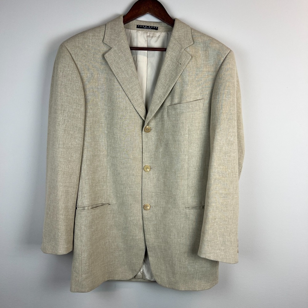Hugo Boss Einstein Guabello Blazer‎ Jacket Mens 40R Beige Wool Cotton Linen Vtg